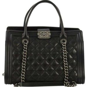 CHANEL Calfskin Quilted Double Stitch Boy Tote in Black